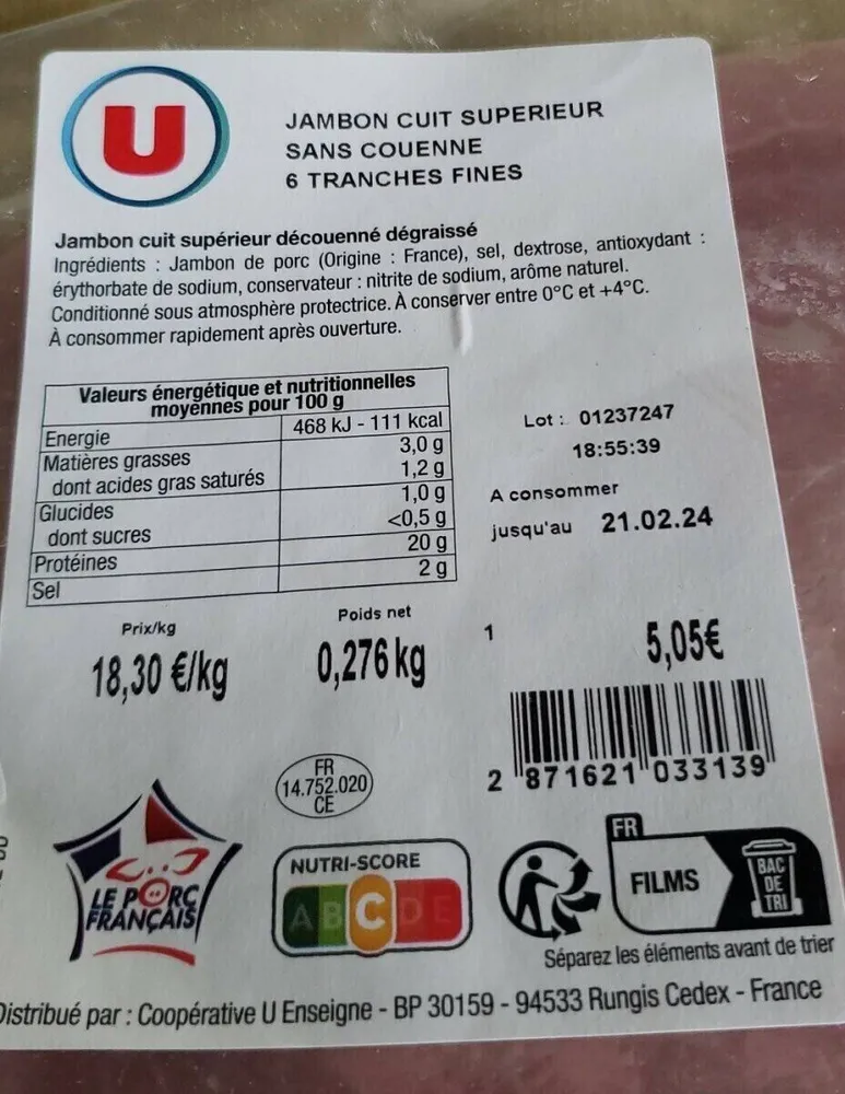 Jambon cuit supérieur sans couenne