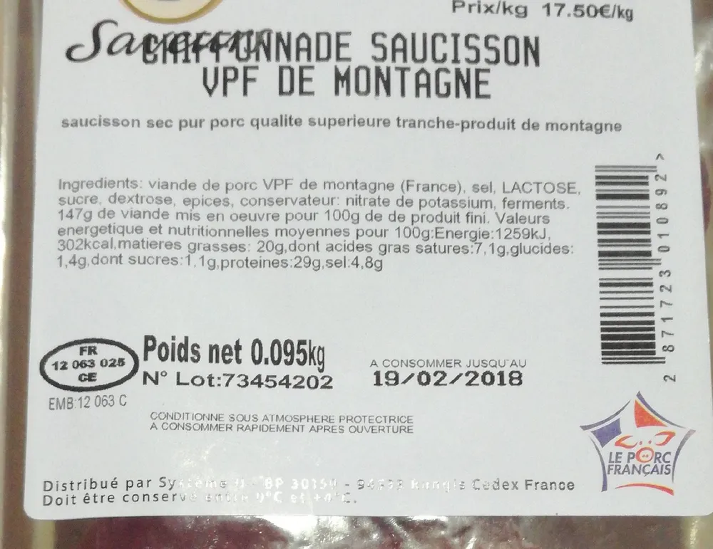 Chiffonnade saucisson VPF de montagne