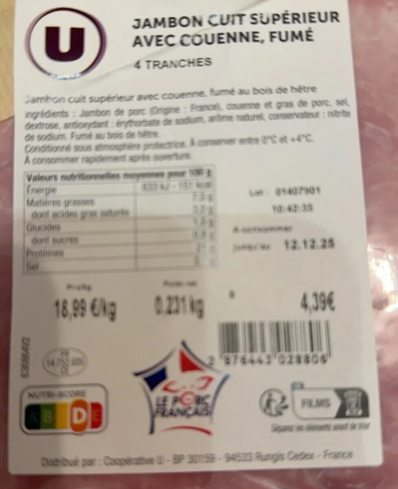 Jambon cuit supérieur avec couenne fumé