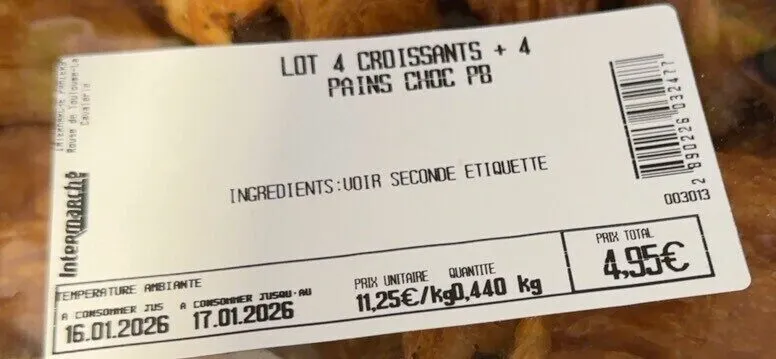 Lot 4 croissants + 4 pains choc pb