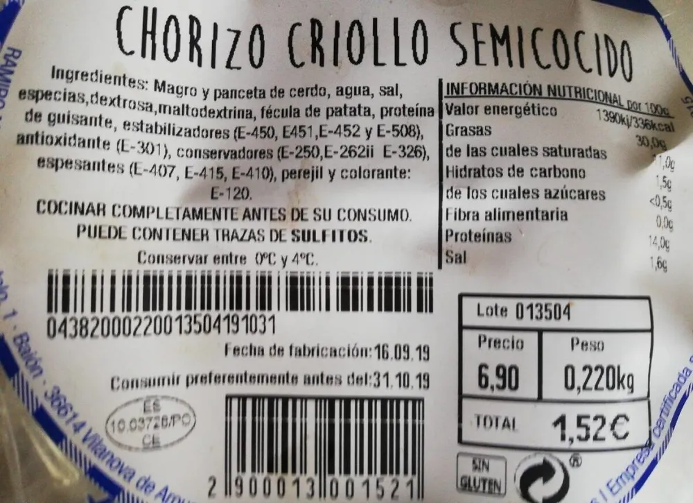Chorizo criollo semicocido