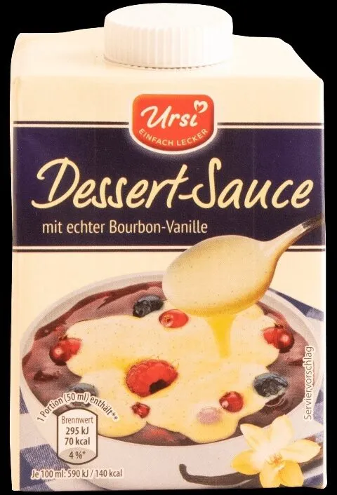 ALDI URSI Dessert-Sauce  Mit echter Bourbon-Vanille; ideal zu frischen Beeren, roter Grütze, Obstsalat, Pudding u.v.m. 1.39 500-ml-Packung Liter = 2.78