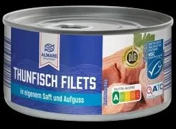 ALDI ALMARE Fisch Thunfischfilets naturell IN Saft und Aufguss ATG 150g 195g Dose 1.49€ 1kg ATG 9.93€