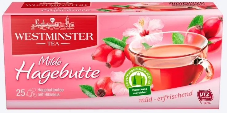 ALDI WESTMINSTER Beuteltee Hagebutte mit Hibiskus 75g Packung 0.99€ 1kg 13.20€