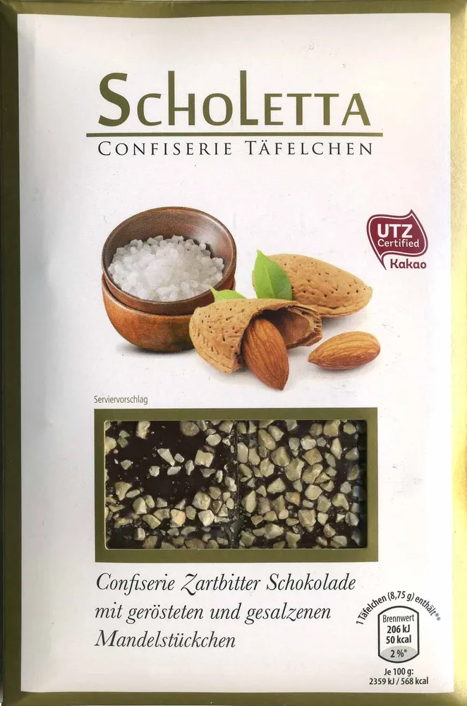 Zarbitter Schokolade mit gerösteten und gesalzenen Mandelstückchen