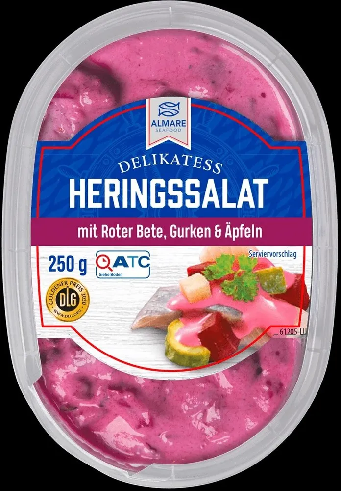 ALDI ALMARE Fisch Heringssalat Mit Roter Bete, Gurken und Äpfeln Aus der Kühlung 1.29€ 250g Packung 1kg 5.16€