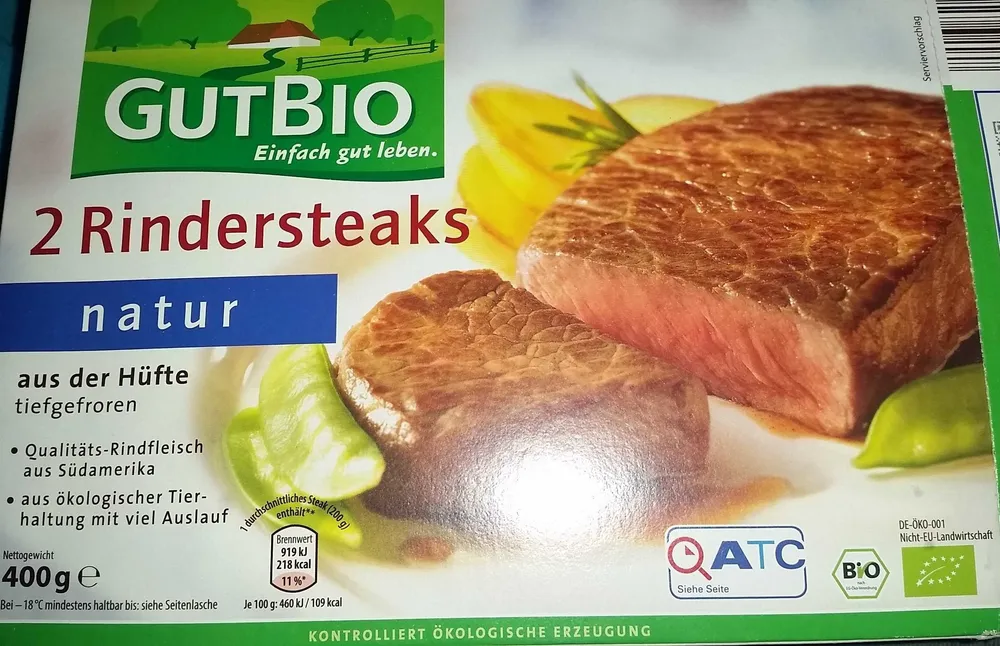 2 Rindersteaks natur, aus der Hüfte, tiefgefroren