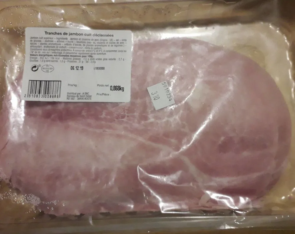 Tranches de jambon cuit déclassées