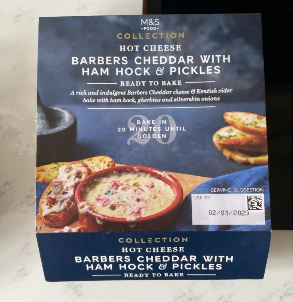 M&S hot cheese Barbers cheddar with Han Hock & pickles