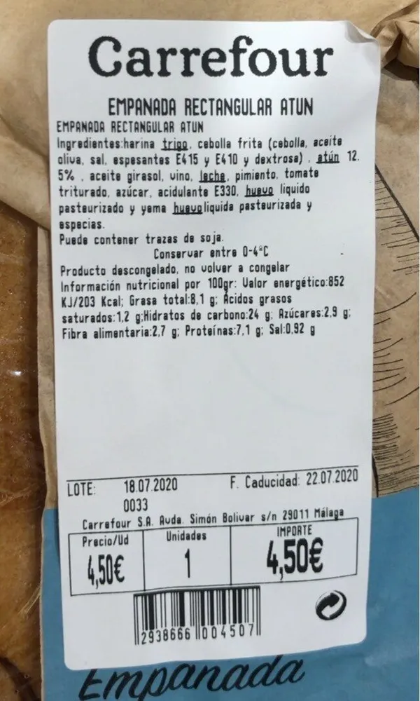 Carrefour empanada rectangular atun