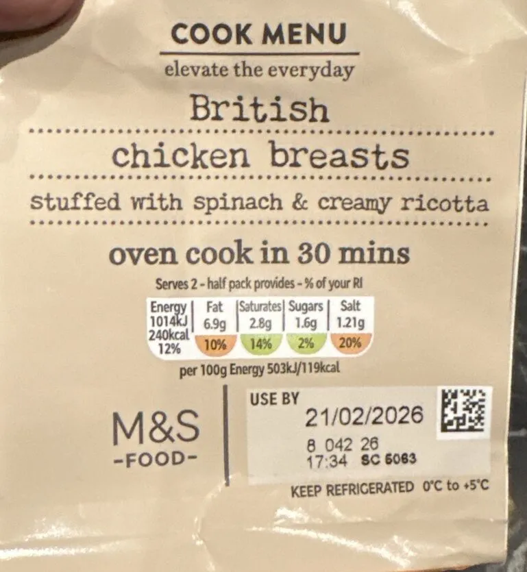 British Chicken Breasts Stuffed With Spinach & Creamy Ricotta