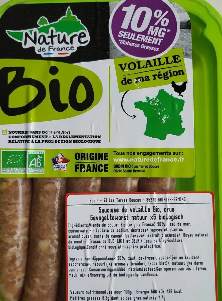 Saucisse de volaille bio crue