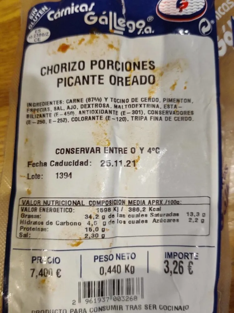 Chorizo Porciones Picante Oreado