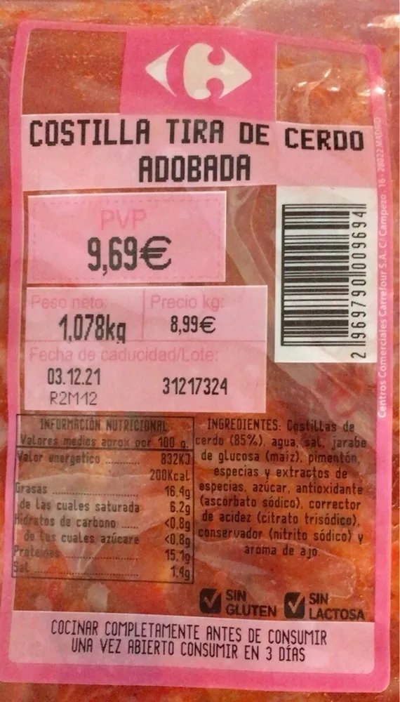 Costilla tira de cerdo adobada