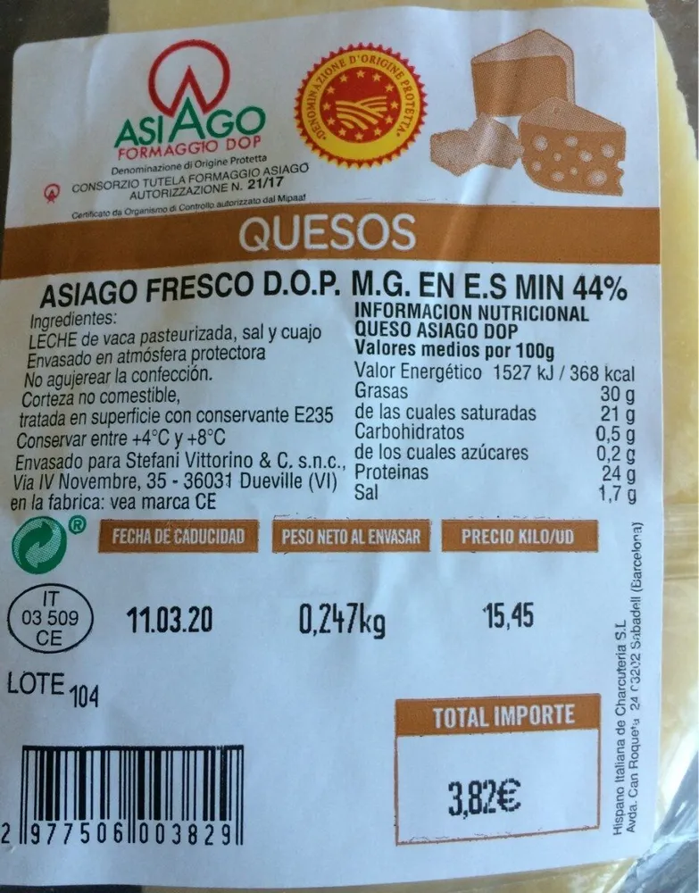 Asiago fresco DOP