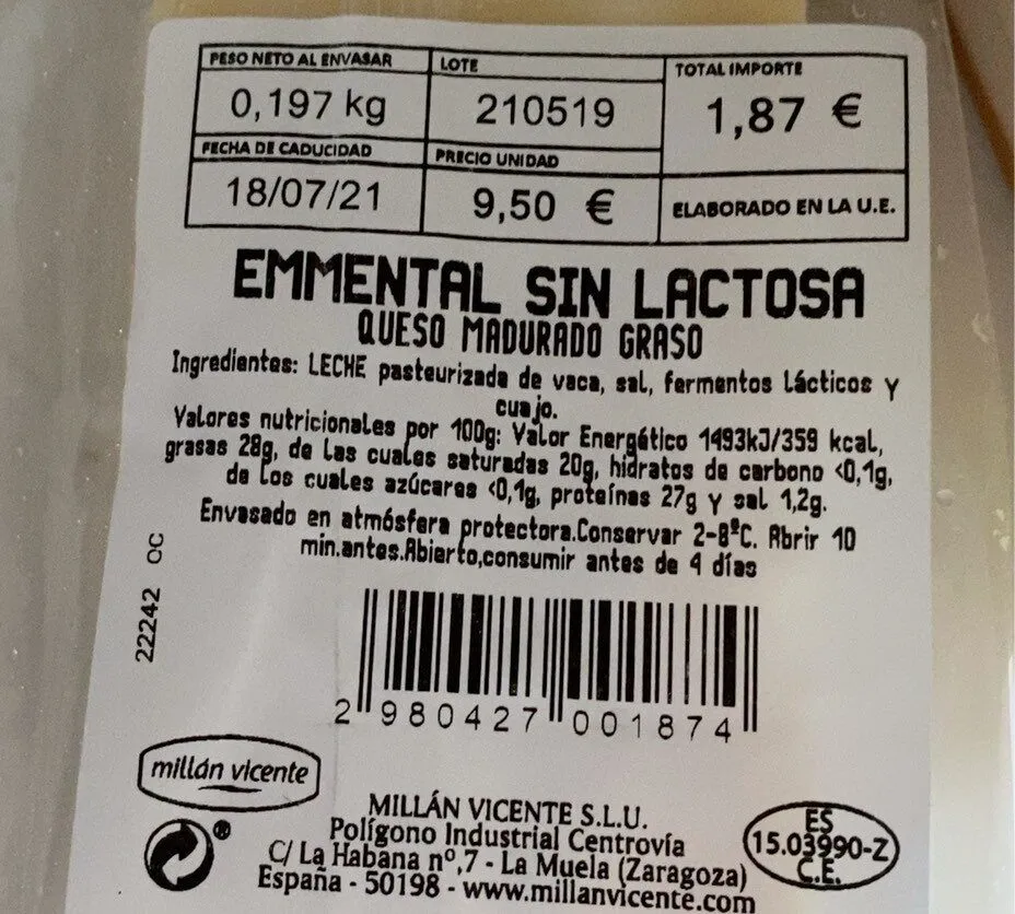 Emental sin lactosa
