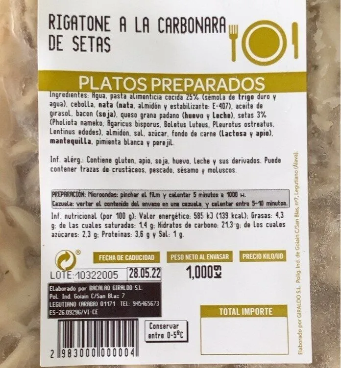 Rigatone a la carbonara de setas