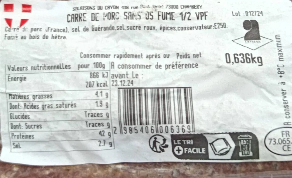 Carré de porc sans os fumé