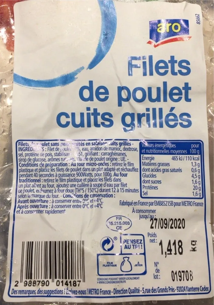 Filets de poulets cuits grilles