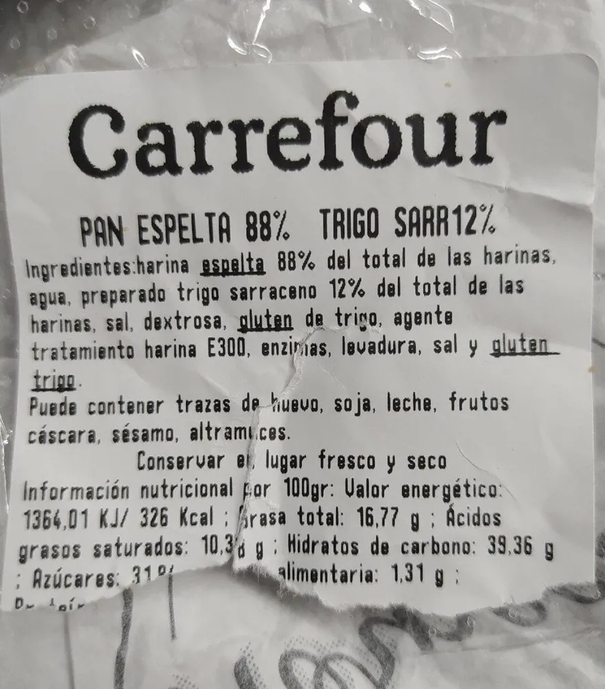Pan espelta es 88%+trigo sarraceno 12%