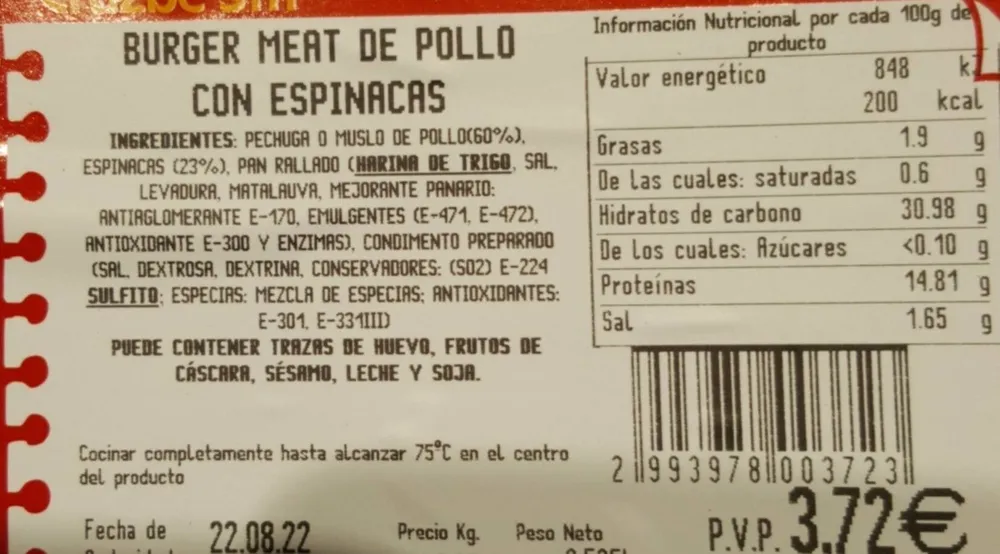 Burger meat de pollo con espinacas