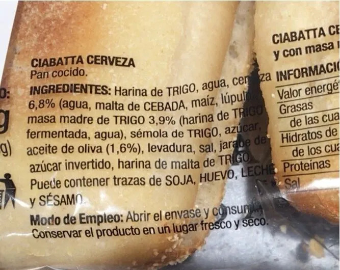 Pan cristalino 100% Natural Ciabatta Cerveza