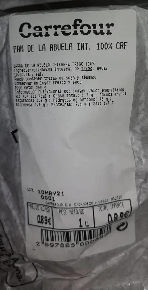Pan de la abuela integral 100%
