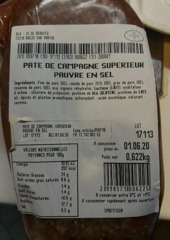Pâté de campagne supérieur pauvre en sel