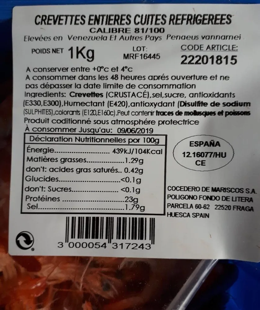 Crevettes entières cuites réfrigérées
