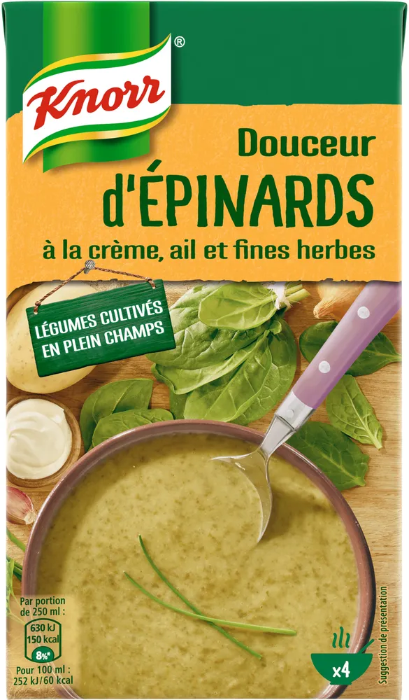 Knorr Soupe Liquide Douceur d'Épinards Crème Ail et Fines Herbes Brique 4 Portions 1L