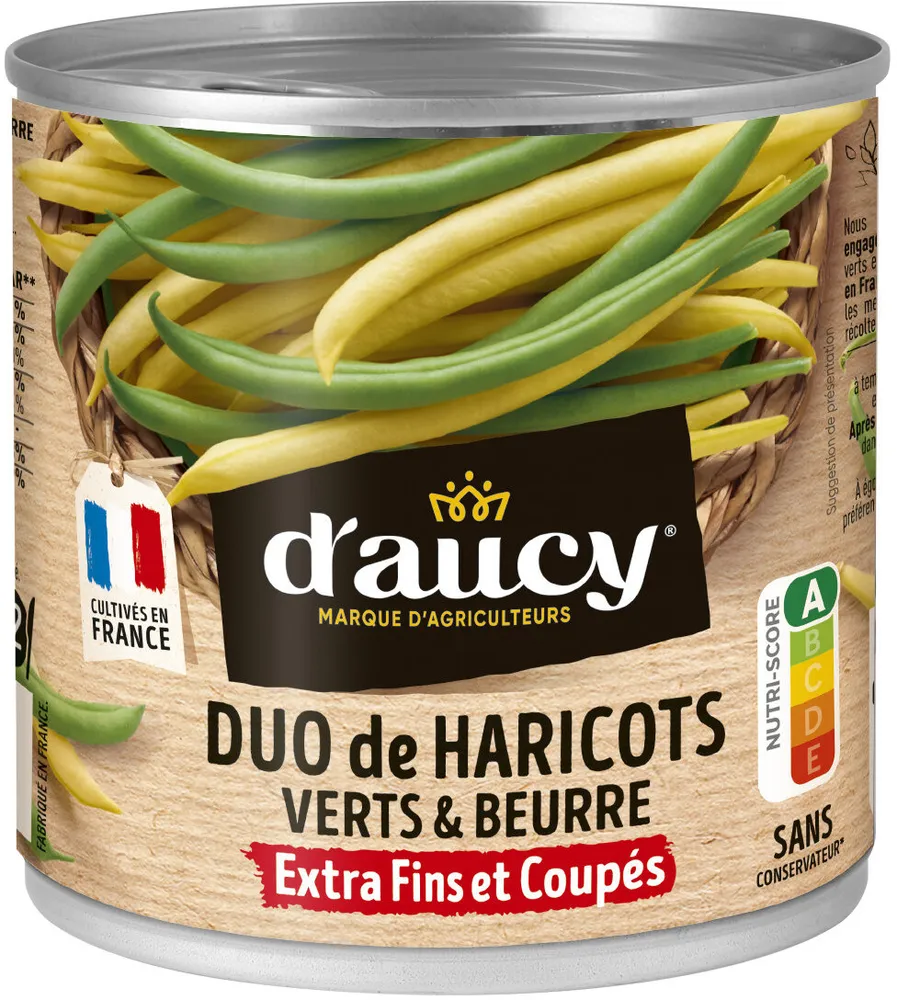 Duo haricots verts et beurre extra fins coupés d'aucy 225g