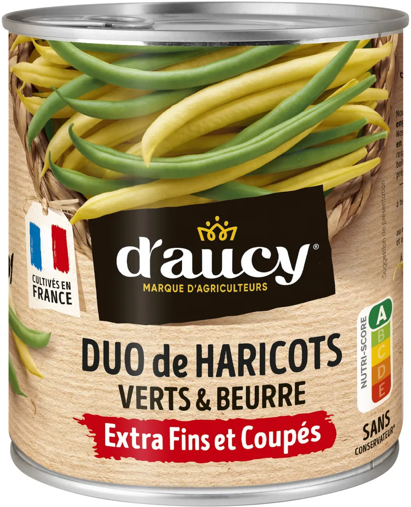 Duo haricots verts et beurre extra fins coupés d'aucy 455g