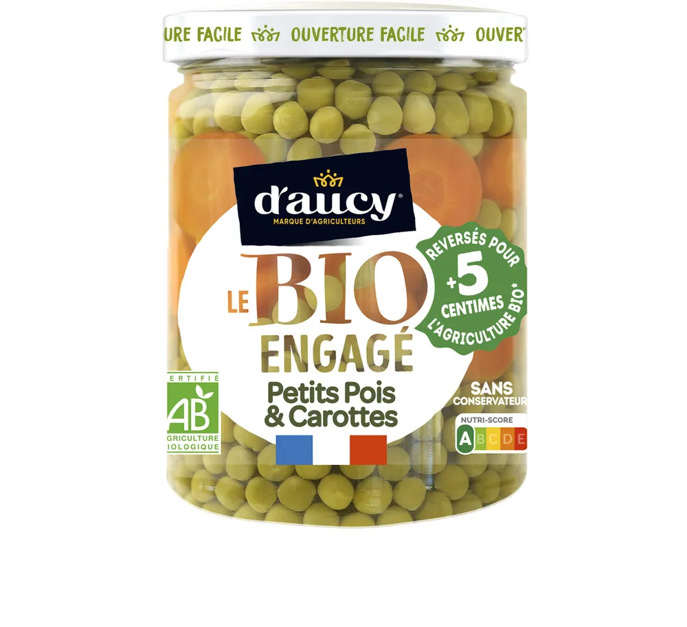 Petits pois Carottes en rondelles Bio engagé d'aucy 340g