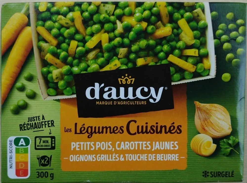 Petits pois, carottes jaunes, oignons grillés & touché de beurre