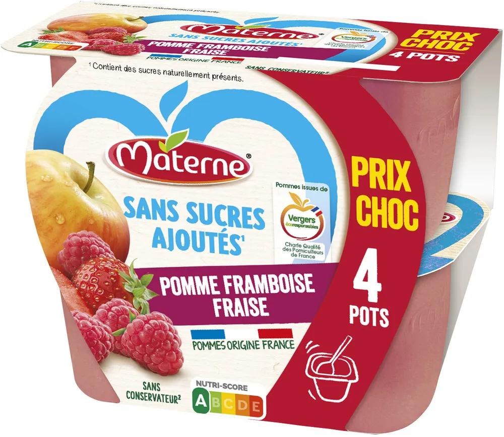 MATERNE Compotes Coupelles Pomme Framboise Fraise 4x100g Prix Choc