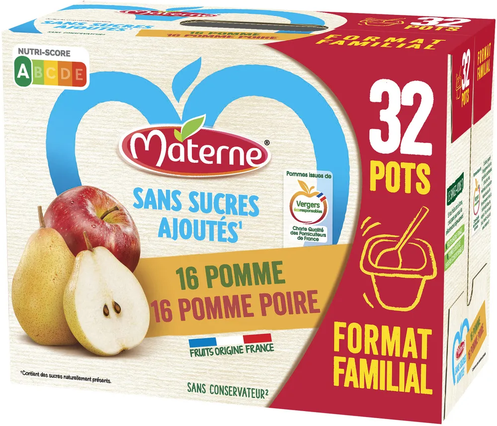 MATERNE Compotes Coupelles Pomme, P. Poire 32x100g Format Familial