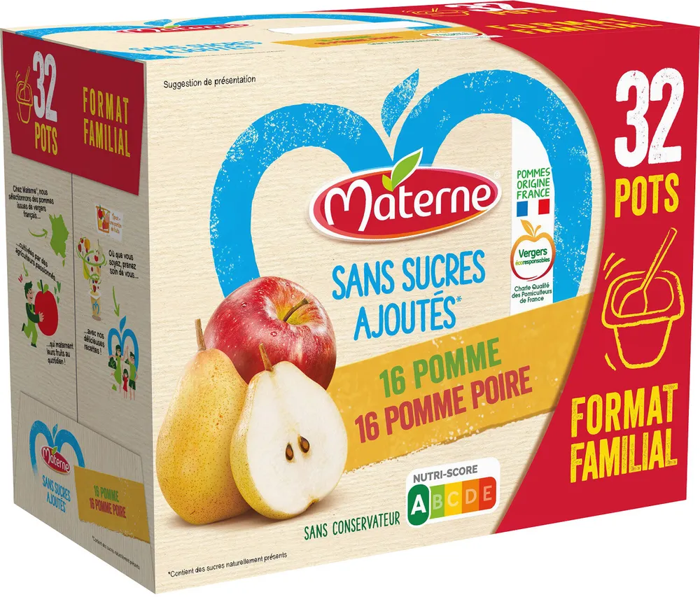 MATERNE Compotes Coupelles Pomme, P. Pêche Abricot 32x100g Format Familial