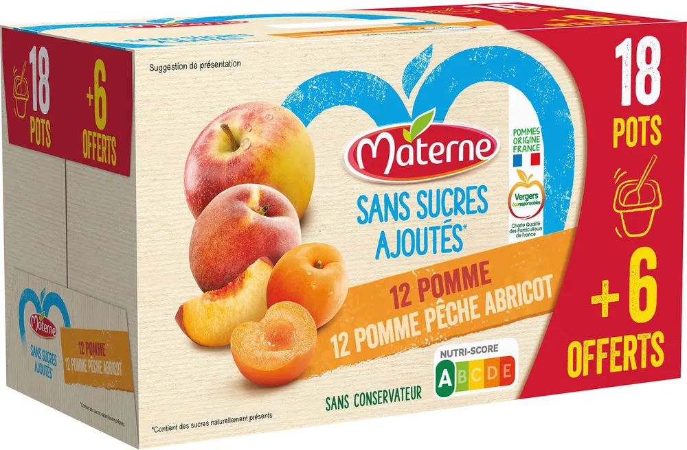 MATERNE (Sans sucres ajoutés) Pomme/Pomme Pêche Abricot 24x100g 18 6 Offerts