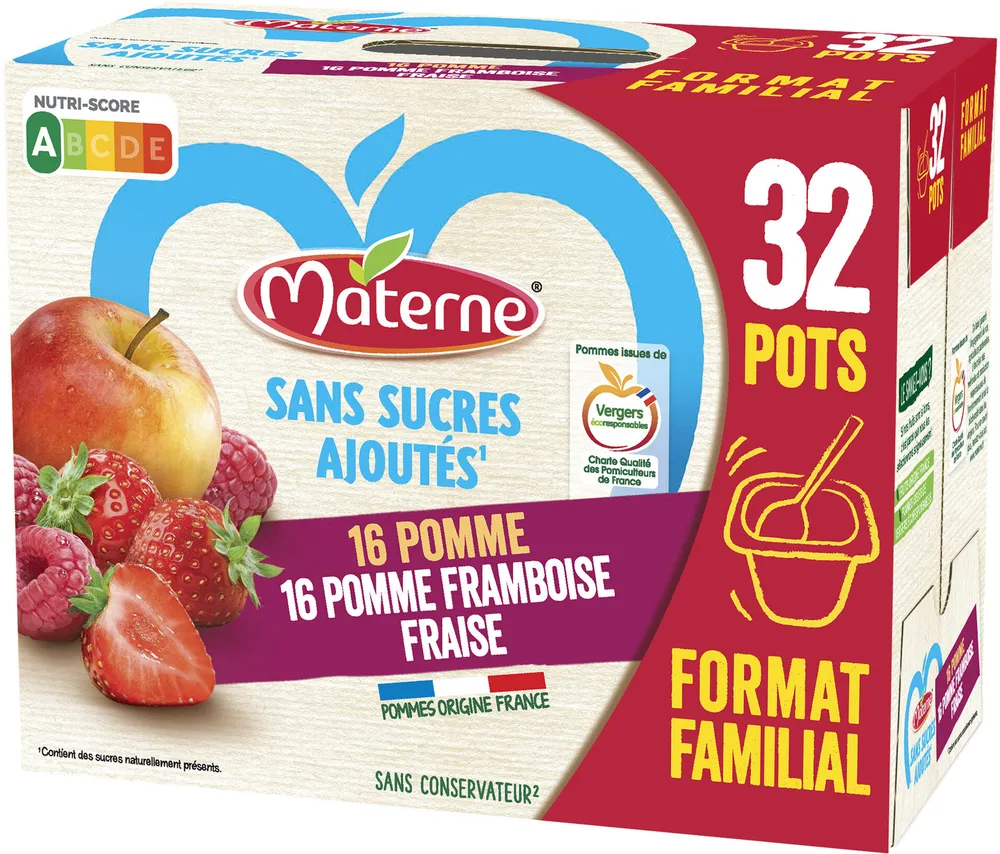 MATERNE Compotes Pomme, P. Framboise Fraise 32x100g Format Familial