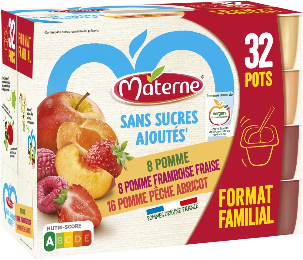 MATERNE Compotes Coupelles Pomme, P. Framb Fraise, P. Pêche Ab 32x100g Format Familial
