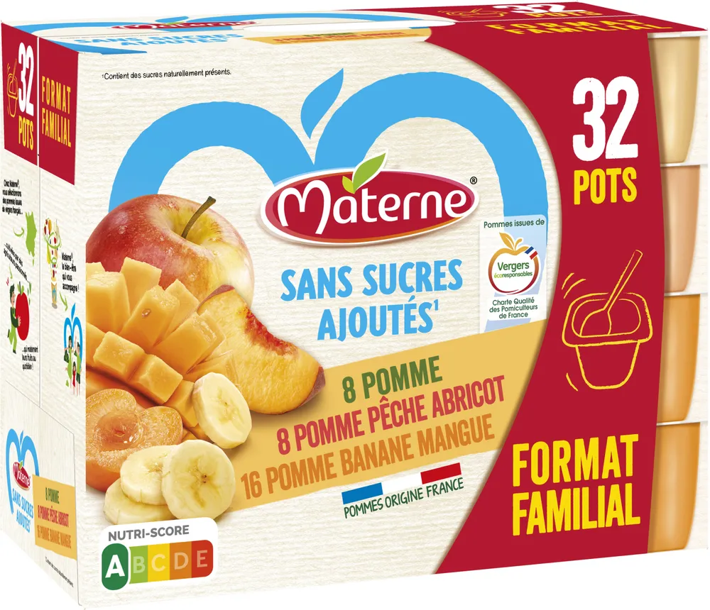 MATERNE Compotes Coupelles P., P. Banane Mangue, P. Pêche Abricot 32x100g Format Familial