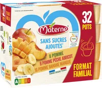 MATERNE Compotes Coupelles P., P. Banane Mangue, P. Pêche Abricot 32x100g Format Familial