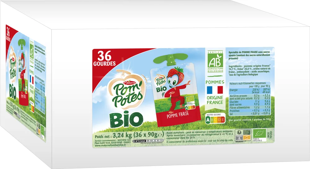 POM'POTES Compotes Gourdes BIO Pomme Fraise 36x90g