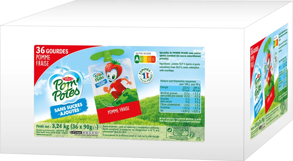 POM'POTES Compotes Gourdes Pomme, P. Fraise 36x90g Format Familial