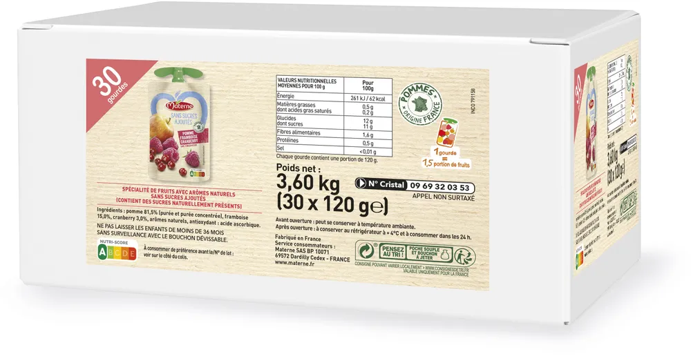 MATERNE Compotes Gourdes Pomme Framboise Cranberry 30x120g
