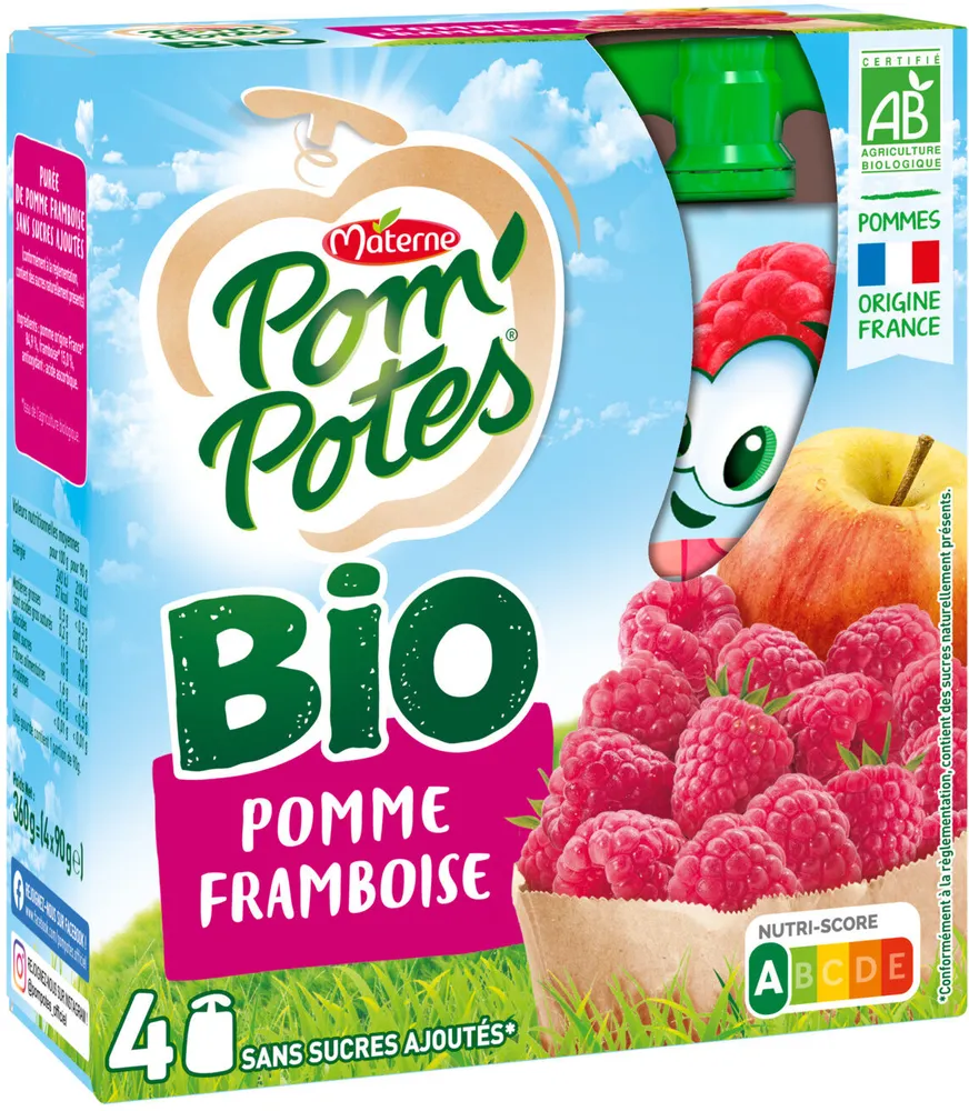 POM'POTES Compotes Gourdes BIO Pomme Framboise 4x90g