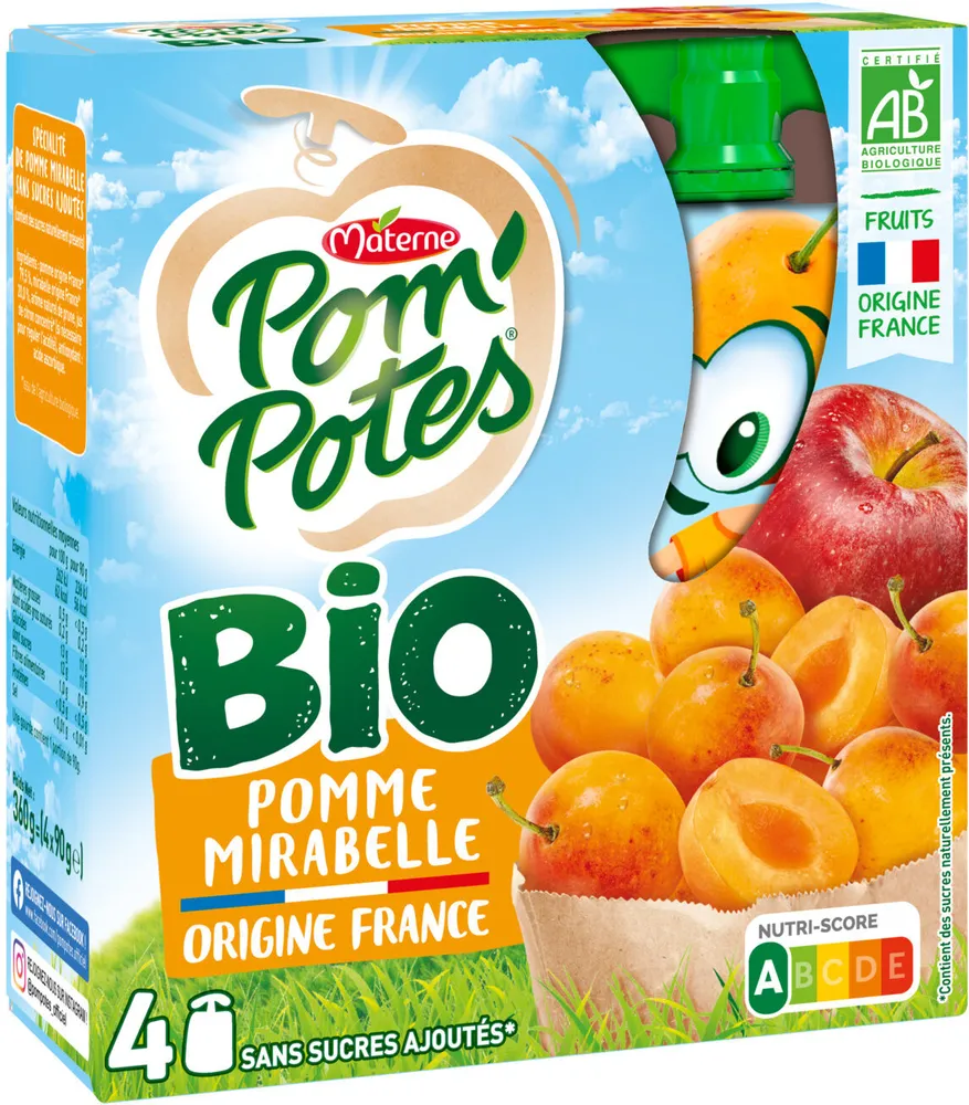 POM'POTES Compotes Gourdes BIO Pomme Mirabelle 4x90g