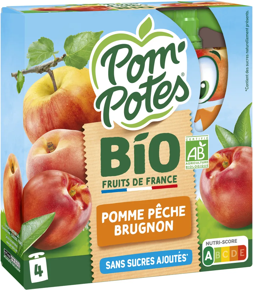 POM'POTES Compotes Gourdes BIO Pomme Pêche Brugnon 4x90g