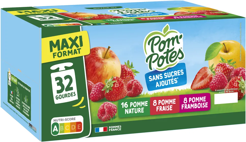 POM'POTES Compotes Pomme, Pomme Fraise, Pomme Framboise 32x90g