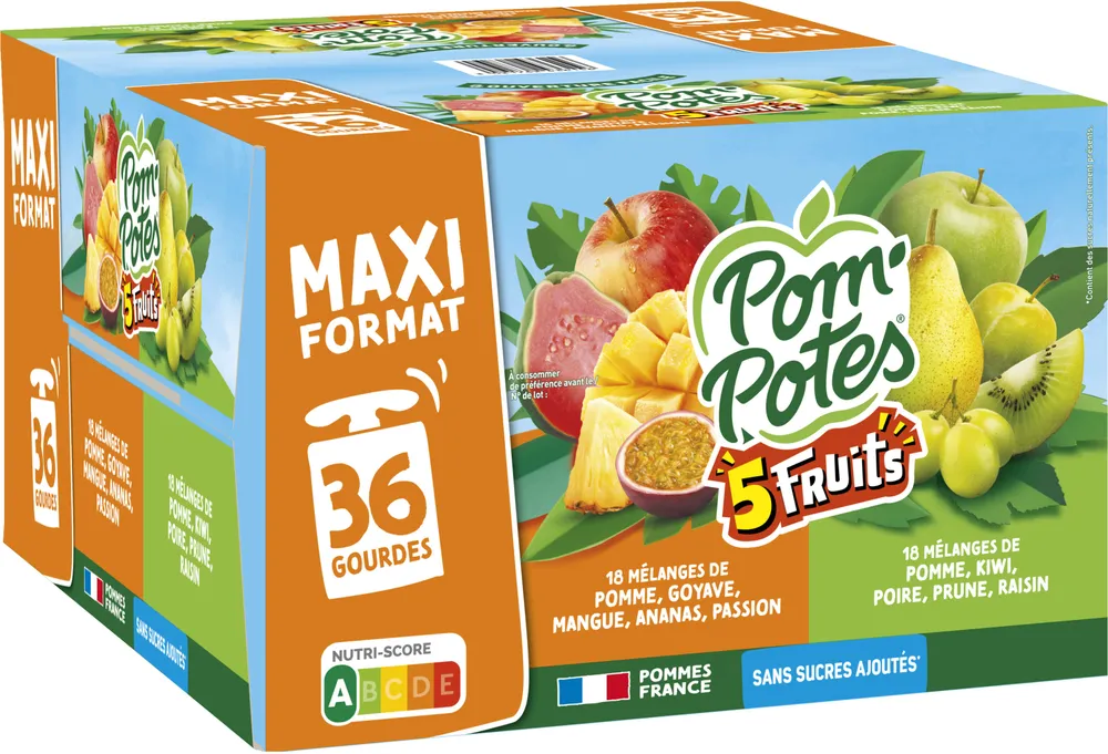 POM'POTES Compotes Gourdes 5 Fruits Verts&Exotiq 36x90g Format Familial